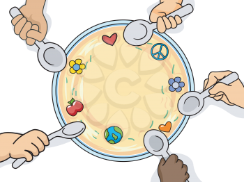 Illustration of Kids Sharing a Bowl of Food