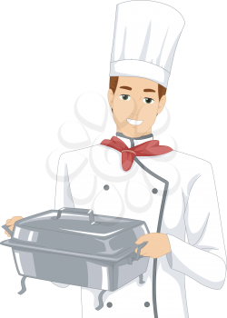 Illustration of a Male Chef Carrying a Chafing Dish