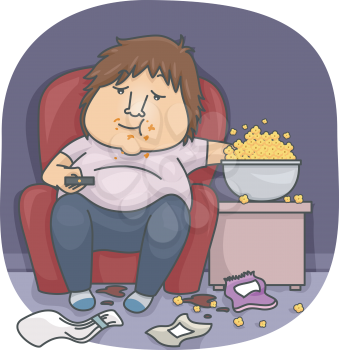 Illustration of an Overweight Man Eating Popcorn