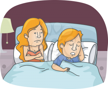Illustration of a Sexually Frustrated Wife Looking at Her Sleeping Husband