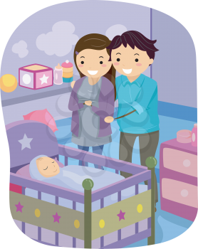Illustration of a Married Couple Watching Their Baby Sleep