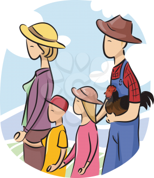 Illustration of a Family walking with Chicken