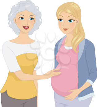 Illustration of a Mother Caressing the Belly of Her Pregnant Daughter