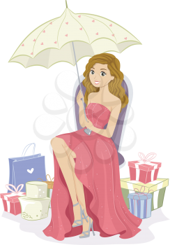 Illustration of a Pretty Debutante Surrounded by Gifts
