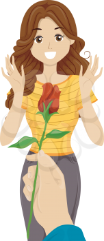 Illustration of a Teenage Girl Receiving a Long Stemmed Rose