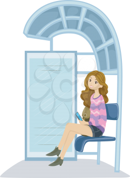 Illustration of a Teenage Girl Waiting at the Bus Stop