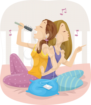 Illustration of Teenage Girls Listening to Music Together