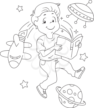 Black and White Illustration of a Space Themed Coloring Page