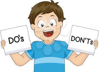Illustration of a Boy Showing Flashcards of School Rules