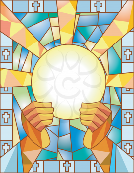 Stained Glass Illustration Featuring a Priest Breaking the Bread