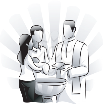 Black and White Illustration Featuring a Priest Baptizing a Child