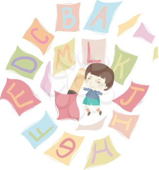Illustration of Kid Boy Holding Big Marker and Floating Papers with the Alphabet