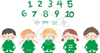 Illustration of Kids Holding Big Green Clovers with Space for the Numbers and Math Operators