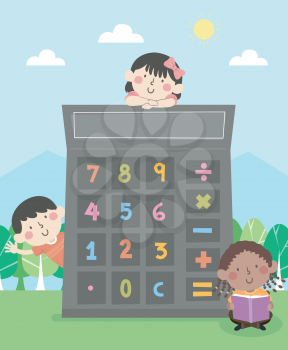 Illustration of Kids with a Big Calculator with Numbers and Math Operators