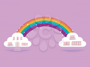 Illustration of Floating Clouds Building Connected by a Rainbow