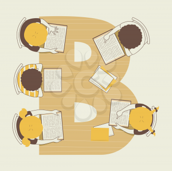 Illustration of Kids Students Reading Books on a B Table