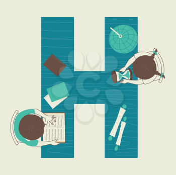 Illustration of Kids Students Learning About History from Books and Old Items on Letter H Table