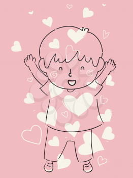 Illustration of a Kid Boy Doodle with Heart Shapes. Child Raising, Showering Love Concept