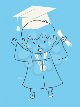 Illustration of a Kid Boy Doodle Holding Diploma and Wearing a Graduation Cap and a Medal