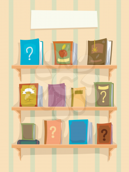 Illustration of a Shelf Full of Books with Question Marks. Mystery Books with Blank Banner