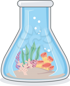 Illustration of a Conical Laboratory Flask with Corals and Ocean Water. Biological Oceanography.