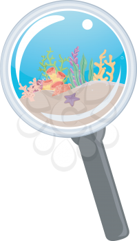 Illustration of a Magnifying Glass Showing Underwater Ocean with Coral Reefs