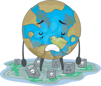 Illustration of a Sad Earth Mascot Standing Among Toxic Waste in the Ocean