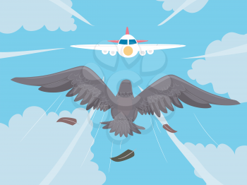 Illustration of a Flying Bird Towards a Coming Airplane. Bird Strike