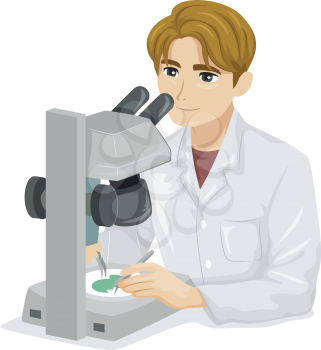 Illustration of a Teenage Guy Using Dissection Microscope in the Laboratory