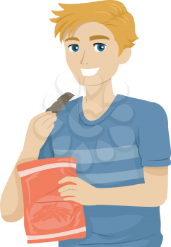 Illustration of a Teenage Guy Eating a Pack of Jerky