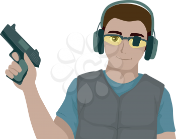 Illustration of a Teenage Guy Holding a Gun and Wearing Goggles and Earphones. Target Shooting