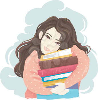 Illustration of a Teenage Girl Hugging a Stack of Books