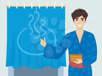Illustration of a Teenage Guy Wearing Yukata and Presenting the Door to an Onsen Bath