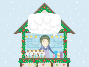 Illustration of a Man Selling Christmas Souvenir in a Christmas Market Stall with Blank Speech Bubble