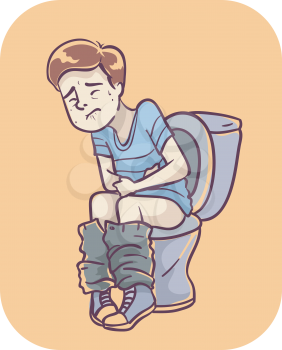Illustration of a Teenage Boy Sitting in Toilet Bowl in Pain, Having Diarrhea