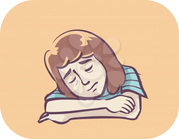 Illustration of a Girl Showing a Worried Face with Closed Eyes. Fatigue