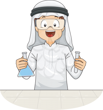 Illustration of a Kid Boy In Traditional Arab Thawb and Headdress Wearing Goggles and Holding Laboratory Flask and Test Tube