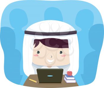 Illustration of a Kid Boy In Traditional Arab Thawb and Headdress Using Laptop in Class