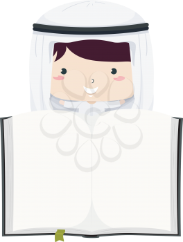 Illustration of a Kid Boy Student In Traditional Arab Thawb and Headdress and Holding an Open Book