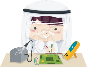Illustration of a Kid Boy In Traditional Arab Thawb and Headdress Using Circuit Tester in Robotics Class