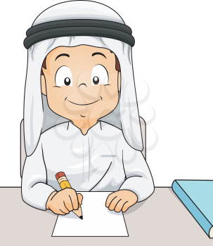 Illustration of a Kid Boy In Traditional Arab Thawb and Headdress Using Pencil and Writing or Drawing on Blank Paper