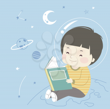Illustration of a Kid Boy Reading a Book with Outer Space Doodle