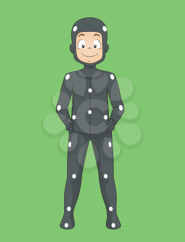 Illustration of a Kid Boy Wearing Tracking Markers  Or Motion Capture Bodysuit and Standing on a Green Backdrop