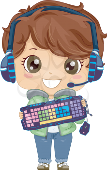Illustration of a Kid Boy Gamer Holding Gaming Keyboard, Mouse and Wearing Headset