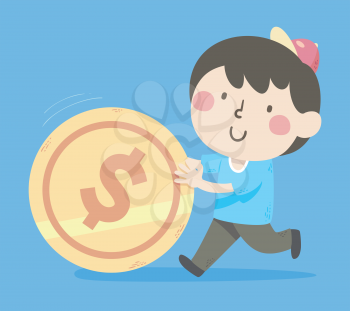 Illustration of a Kid Boy Pushing a Big Gold Coin with Dollar Sign