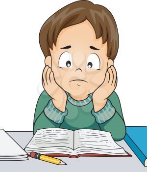 Illustration of a Kid Boy Feeling Stressed and Looking Down at His Textbook while Studying