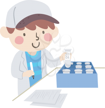 Illustration of a Kid Boy Wearing White Lab Gown, Holding Pen and Writing Labels on Specimen