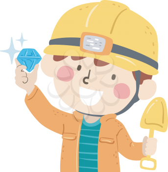 Illustration of a Kid Boy Wearing Miner Hat and Holding a Shovel and a Big Sparkling Diamond