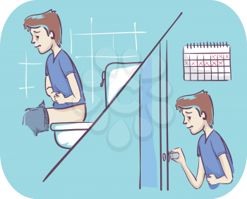 Illustration of a Man Sitting Down the Toilet and Having Diarrhea for a Few Days
