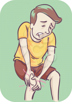Illustration of a Man Holding His Stiff and Painful Knee. Joint Pain